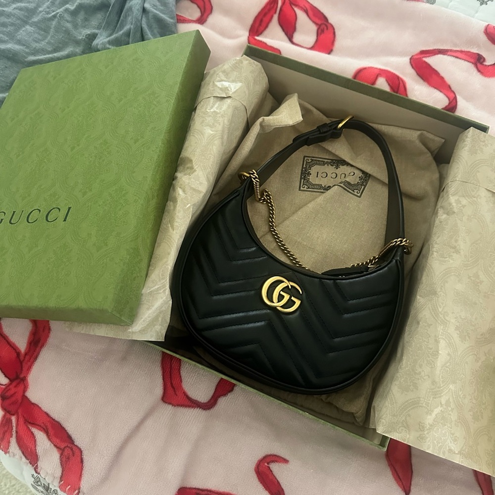 Gucci Black and Gold Chevron Shoulder Bag